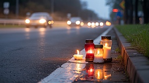 Zapalone znicze ustawione przy jezdni.