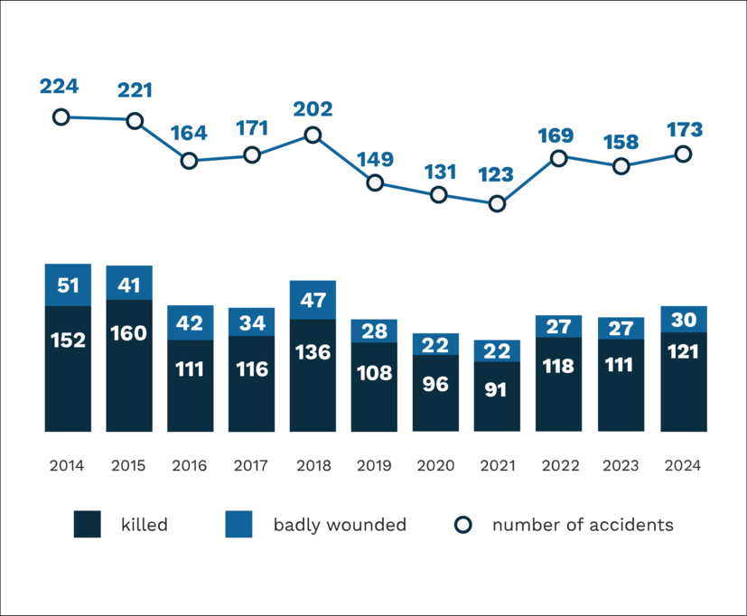 Accidents on illegal passages 2014-2024 ((224, 221, 164, 171, 202, 149, 131, 123, 169, 158, 173)
