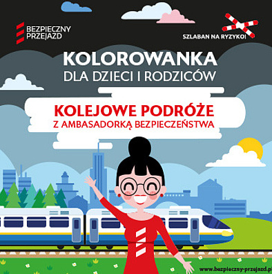 Fragment okładki kolorowanki dla dzieci i rodziców. Rysunkowa postać ambasadorki bezpieczeństwa.