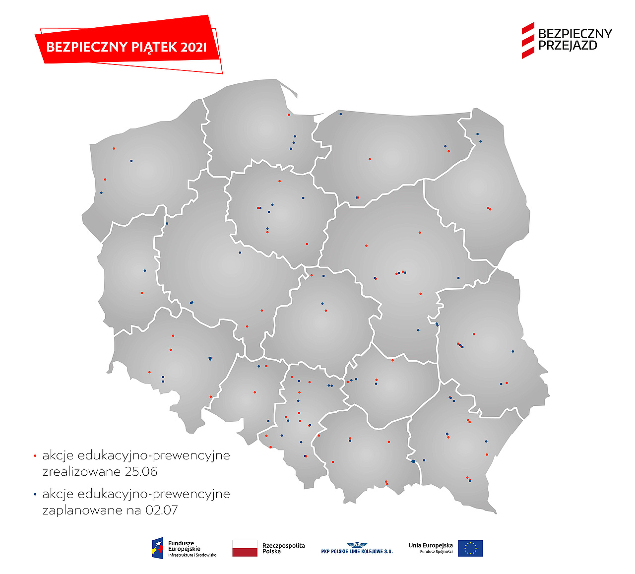 Inforafika, mapa polski z zaznaczonymi miejscami akcji informacyjnych