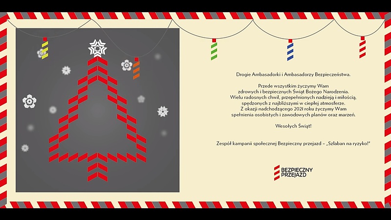 Kartka świąteczna, z lewej strony graficzna choinka z elementów słupków, po prawej tekst życzeń z treści newsa.