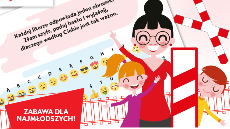 Grafika - rysunkowe postacie Ambasadorki bezpieczeństwa i 2 dzieci, napis Zabawa dla najmłodszych.