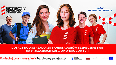 6 osób różnej płci, za nimi krzyż św. Andrzeja i logotypy kampanii oraz PKP Polskie Linie Kolejowe. Hasło kampanii i oznaczenia unijne.